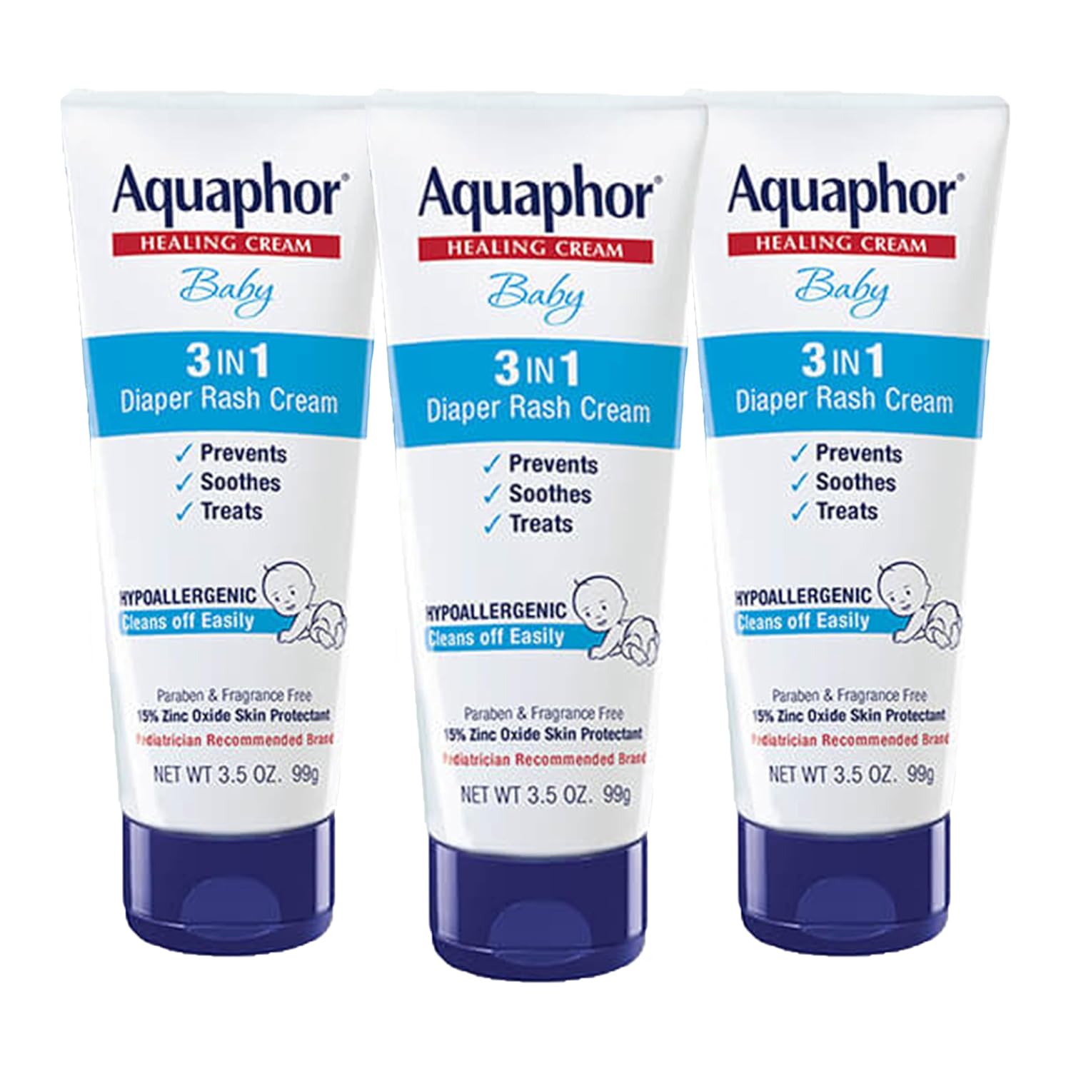 Aquaphor Baby Diaper Rash Cream, 3-in-1 Diaper Rash Relief, 3.5 Oz Tube, (Pack of 3) - 1