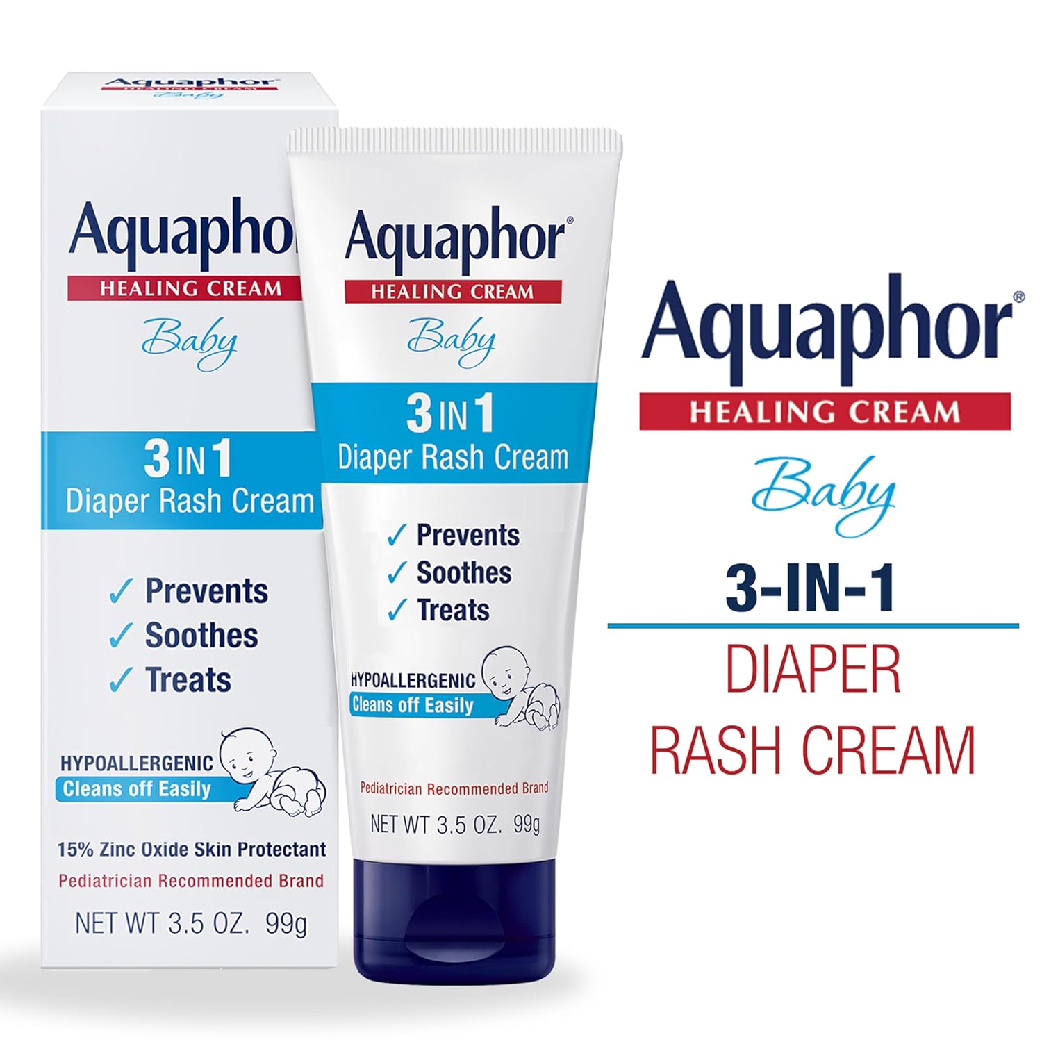 Aquaphor Baby Diaper Rash Cream, 3-in-1 Diaper Rash Relief, 3.5 Oz Tube, (Pack of 3) - 2