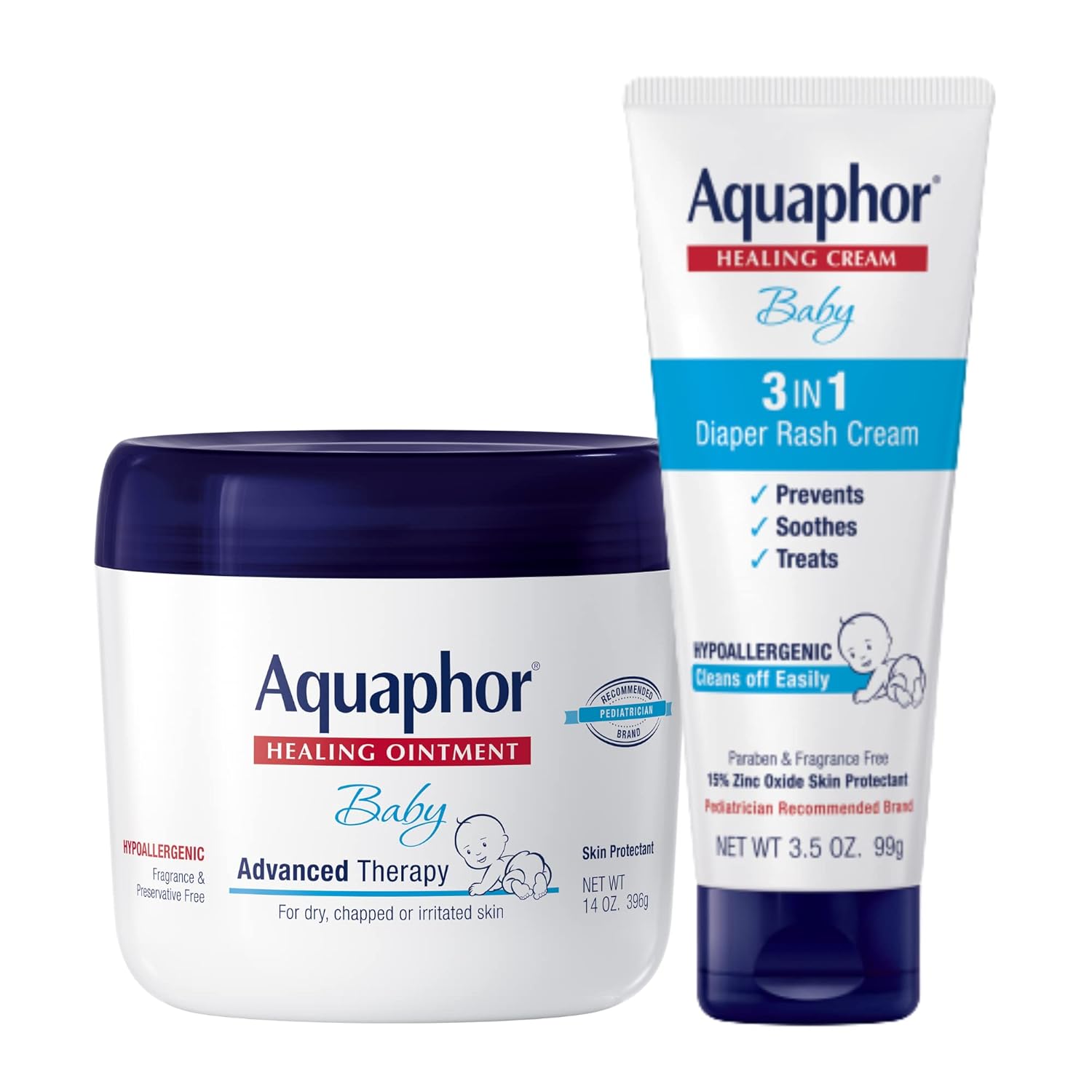 Aquaphor Baby Healing Ointment (14 Oz) + 3-in-1 Diaper Rash Cream (3.5 Oz), Hypoallergenic and Fragrance Free Skin Care Set for Babies - 1