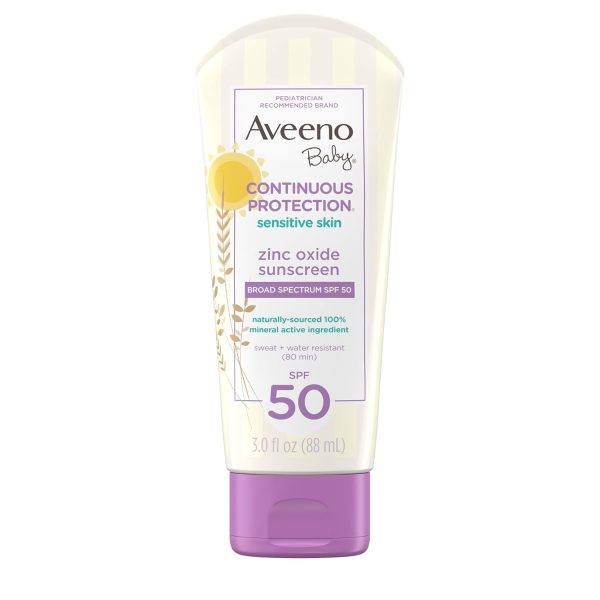 Aveeno Baby Continuous Protection Zinc Oxide Mineral Sunscreen Lotion for Sensitive Skin, Broad Spectrum SPF 50, Tear-Free, Sweat- & Water-Resistant, Paraben-Free, Travel-Size, 3 fl. oz - 1