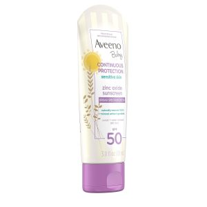 Aveeno Baby Continuous Protection Zinc Oxide Mineral Sunscreen Lotion for Sensitive Skin, Broad Spectrum SPF 50, Tear-Free, Sweat- & Water-Resistant, Paraben-Free, Travel-Size, 3 fl. oz - 10