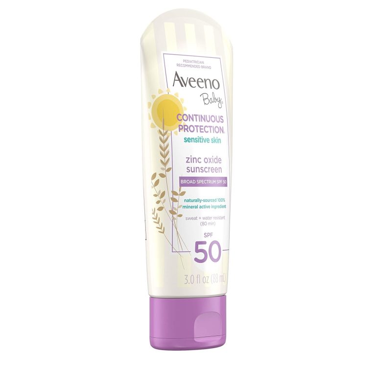 Aveeno Baby Continuous Protection Zinc Oxide Mineral Sunscreen Lotion for Sensitive Skin, Broad Spectrum SPF 50, Tear-Free, Sweat- & Water-Resistant, Paraben-Free, Travel-Size, 3 fl. oz