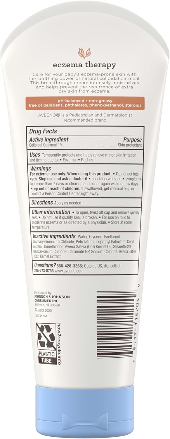 Aveeno Baby Eczema Therapy Moisturizing Cream, Natural Colloidal Oatmeal & Vitamin B5, Baby Cream for Dry, Itchy, Irritated Skin, Paraben & Steroid-Free, 7.3 oz - 7