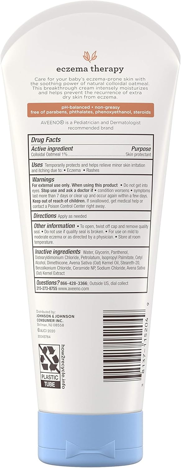 Aveeno Baby Eczema Therapy Moisturizing Cream, Natural Colloidal Oatmeal & Vitamin B5, Baby Cream for Dry, Itchy, Irritated Skin, Paraben & Steroid-Free, 7.3 oz - 8