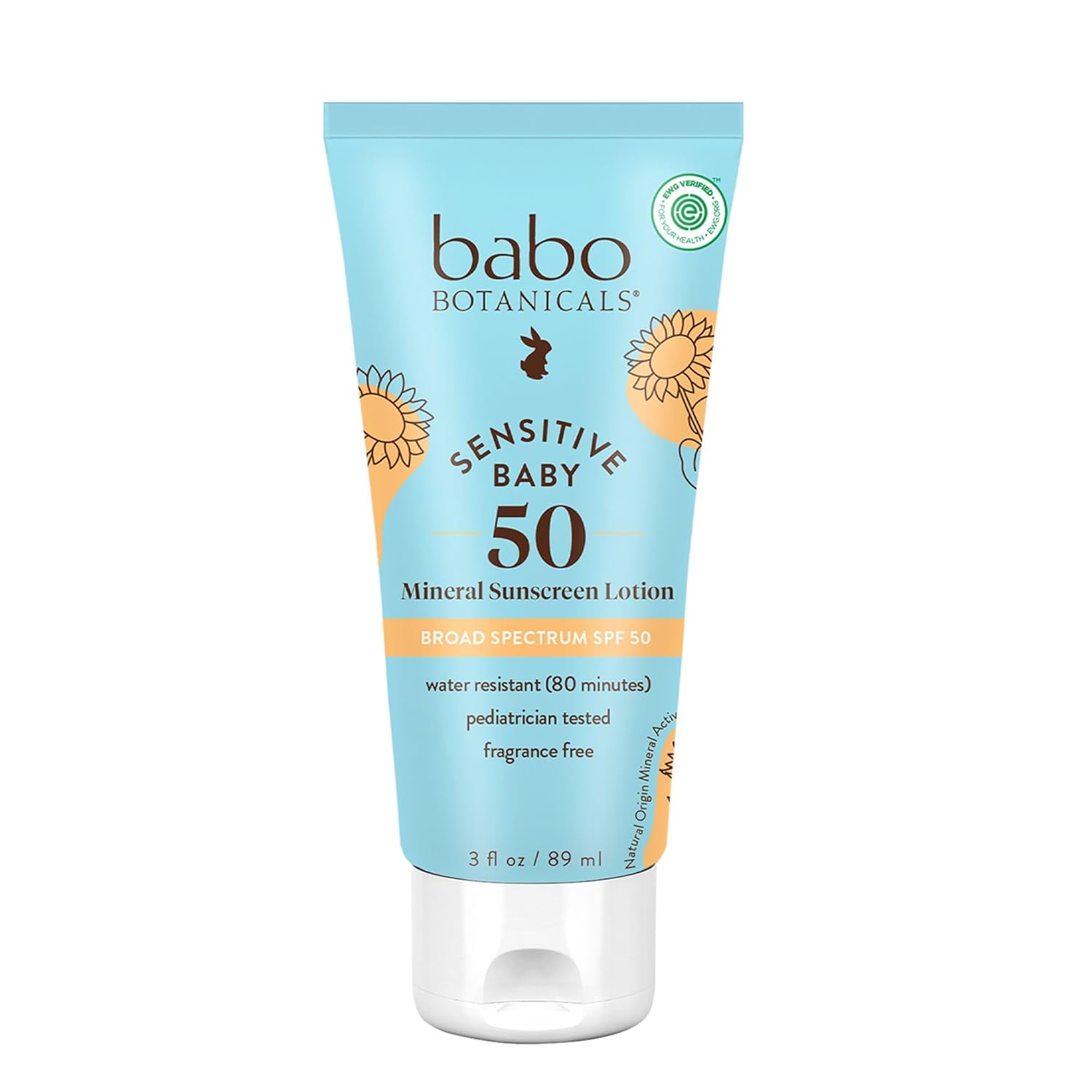 Babo Botanicals Sensitive Baby Mineral Sunscreen Lotion SPF50 - Natural Zinc Oxide - Face & Body - Fragrance-Free - Water-Resistant - EWG Verified - Vegan - Extra Sensitive Skin - For Babies & Kids - 1