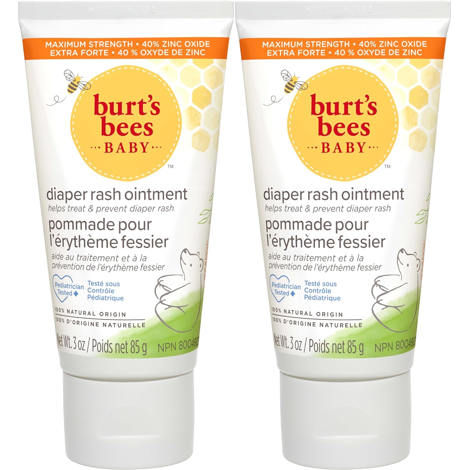 Burt's Bees Baby Diaper Rash Ointment, Maximum Strength, 40% Zinc Oxide, 100% Natural Origin, Pediatrician Tested, Net Weight 3 Ounces , Pack of 2 - 11