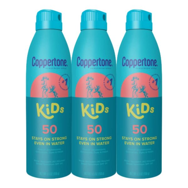 Coppertone Kids Sunscreen Spray SPF 50, Water Resistant Spray Sunscreen for Kids, Free From Oxybenzone, Octinoxate, PABA and Dyes, Pediatrician Recommended Sunblock, 5.5 Oz Can, Pack of 3 - 1