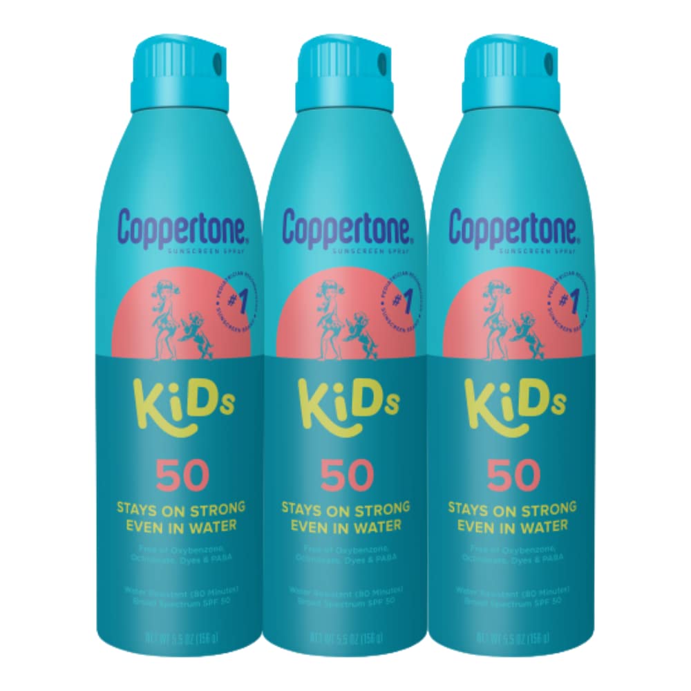 Coppertone Kids Sunscreen Spray SPF 50, Water Resistant Spray Sunscreen for Kids, Free From Oxybenzone, Octinoxate, PABA and Dyes, Pediatrician Recommended Sunblock, 5.5 Oz Can, Pack of 3 - 1