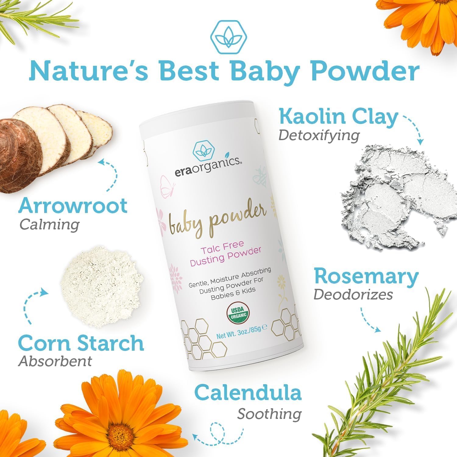 Era Organics Talc-Free Organic Baby Powder - USDA Organic Dusting Powder with Arrowroot, Calendula and Cornstarch for Newborns, Babies or Toddlers - Soothing, Fragrance Free, Made in USA - 2
