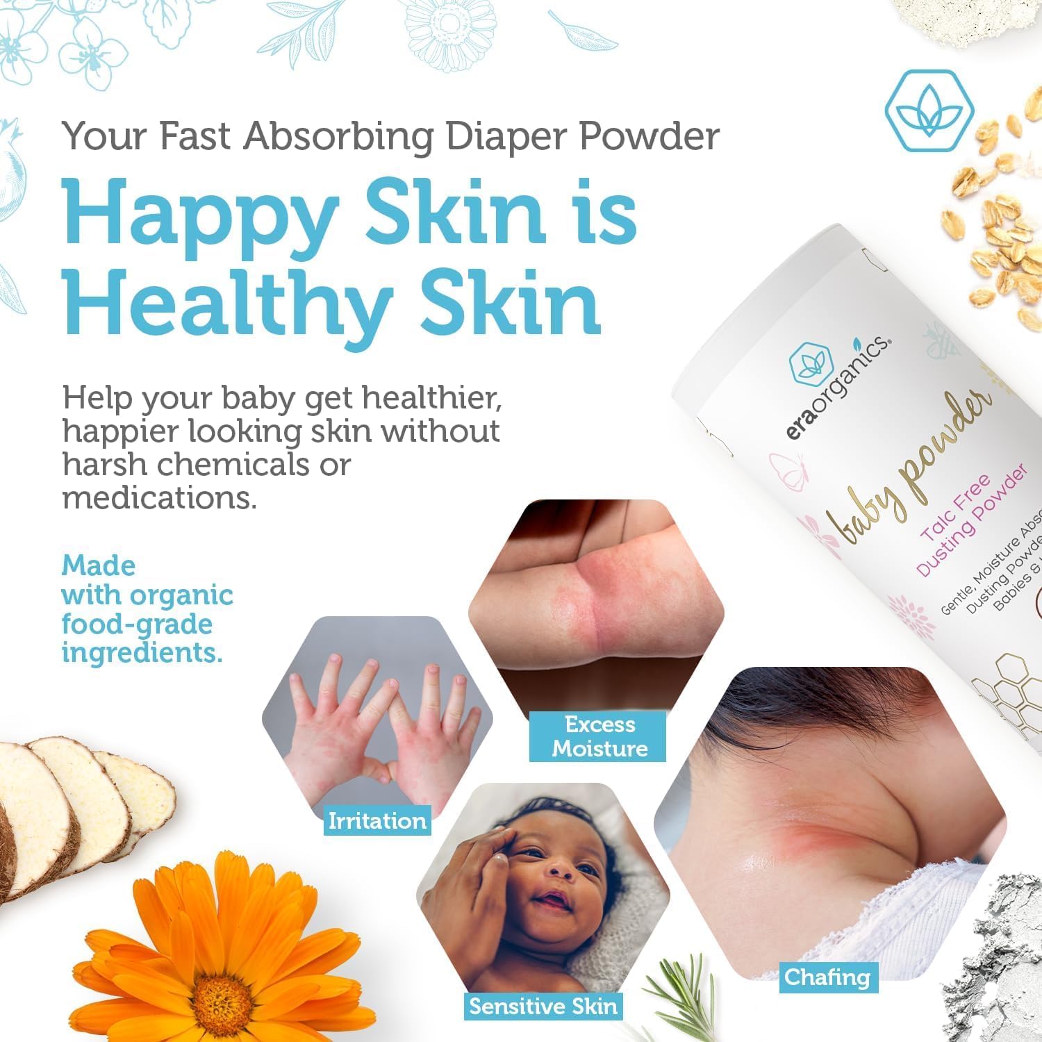 Era Organics Talc-Free Organic Baby Powder - USDA Organic Dusting Powder with Arrowroot, Calendula and Cornstarch for Newborns, Babies or Toddlers - Soothing, Fragrance Free, Made in USA - 3