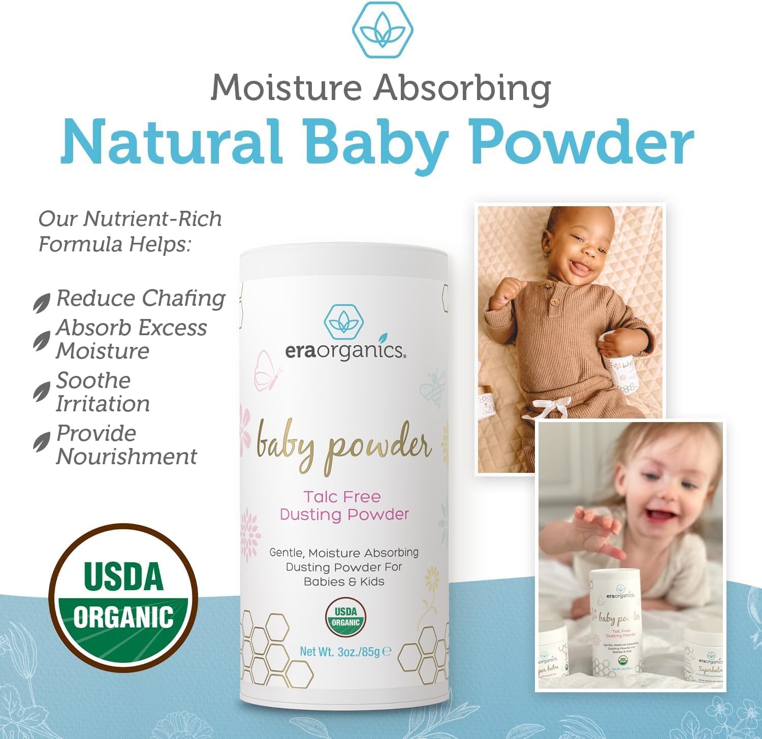 Era Organics Talc-Free Organic Baby Powder - USDA Organic Dusting Powder with Arrowroot, Calendula and Cornstarch for Newborns, Babies or Toddlers - Soothing, Fragrance Free, Made in USA - 4