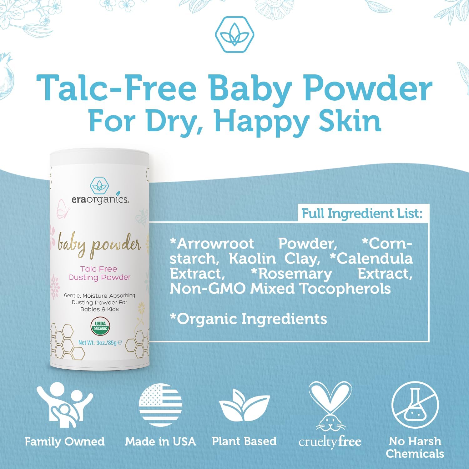 Era Organics Talc-Free Organic Baby Powder - USDA Organic Dusting Powder with Arrowroot, Calendula and Cornstarch for Newborns, Babies or Toddlers - Soothing, Fragrance Free, Made in USA - 6