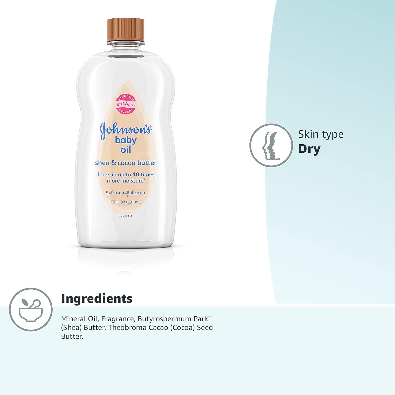 Johnson's Baby Oil, Mineral Oil Enriched with Shea & Cocoa Butter to Prevent Moisture Loss, Hypoallergenic, 20 fl. oz - 10