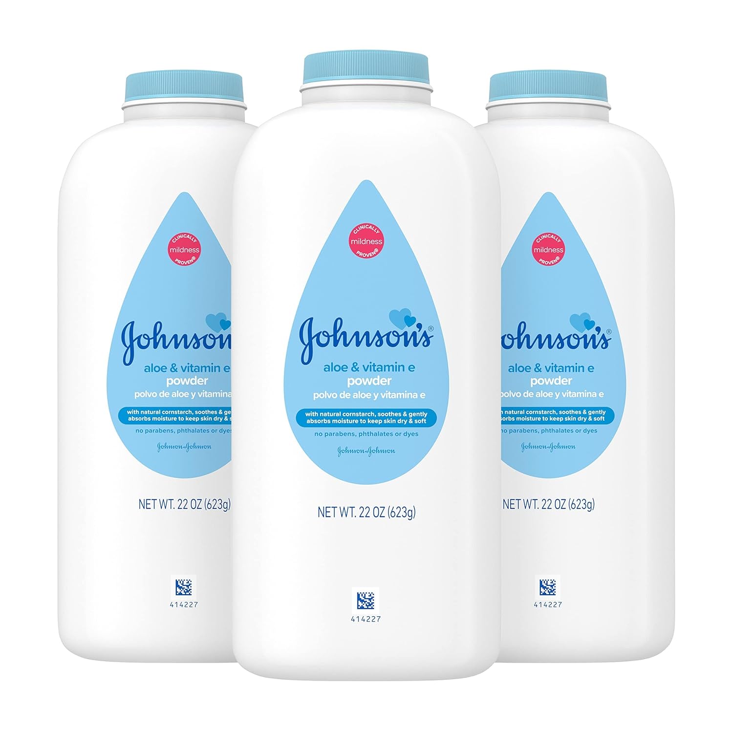 Johnson's Baby Powder with Naturally Derived Cornstarch, Aloe & Vitamin E for Delicate Skin, Hypoallergenic, Free of Parabens, Phthalates & Dyes for Gentle Baby Skin Care, 22 oz, 3 Pack - 1
