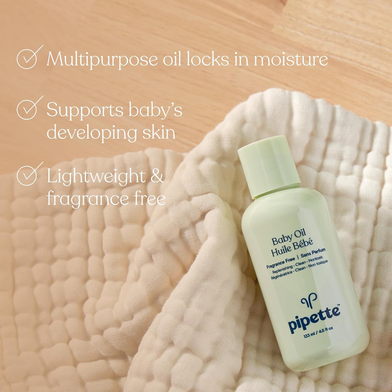 Pipette Baby Oil - Nurture, Moisturize Baby Skin, Vitamin E, Sensitive, Dry Skin, Fragrance Free with Renewable Plant-Derived Squalane, 4.5 fl oz - 3