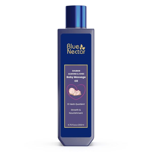 Blue Nectar Ayurveda Gentle Baby Oil for Newborn Skin Care -Moisturizing Baby Massage Oil for Dry Skin Moisturizer - Soothing with 100% Natural Coconut Oil & Organic Ghee (13 Herbs, 6.76 Fl Oz) - 1