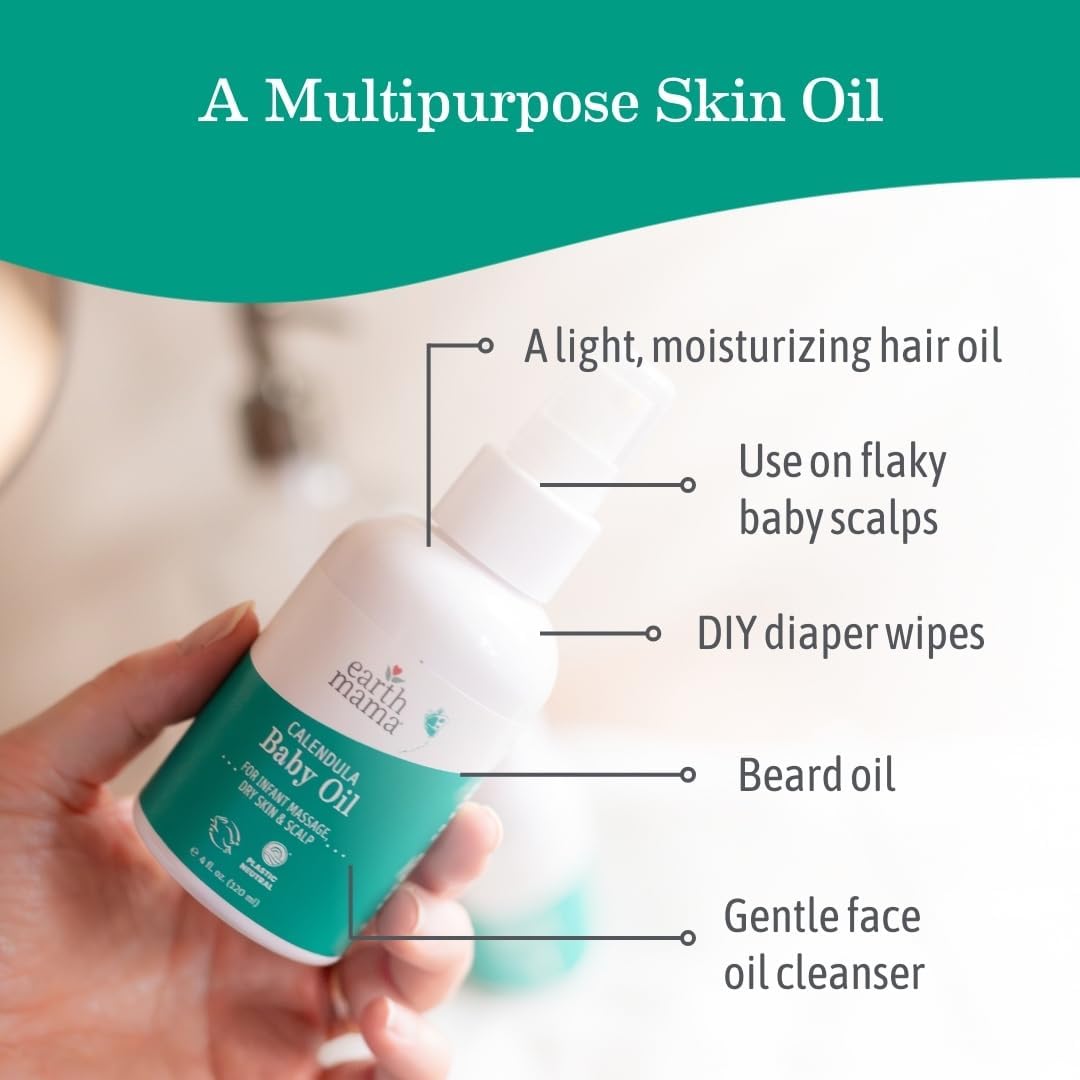 Earth Mama Calendula Baby Oil - Massage Oil for Newborn Skin Care, Dry Skin & Scalp Moisturizer, Fragrance Free, 4-Fluid Ounce - 2