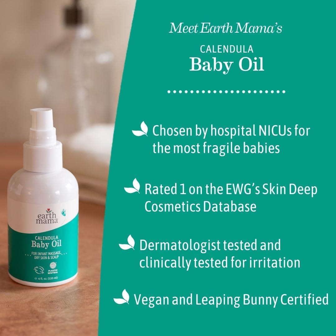 Earth Mama Calendula Baby Oil - Massage Oil for Newborn Skin Care, Dry Skin & Scalp Moisturizer, Fragrance Free, 4-Fluid Ounce - 5