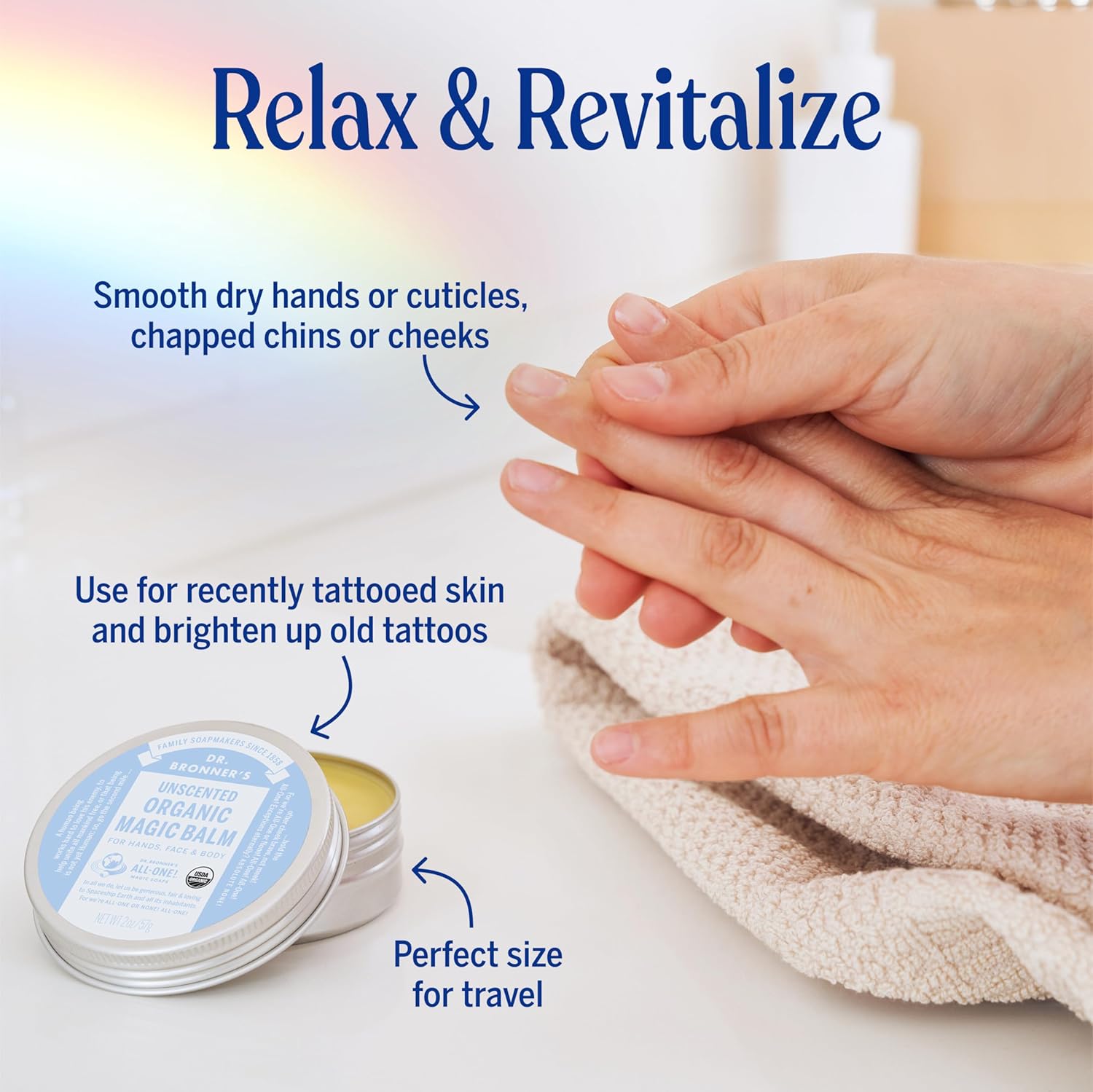 Dr. Bronner's - Organic Magic Balm - Baby Unscented, Made with Organic Beeswax & Hemp Oil, Moisturizes & Soothes Hands, Face & Body - 5