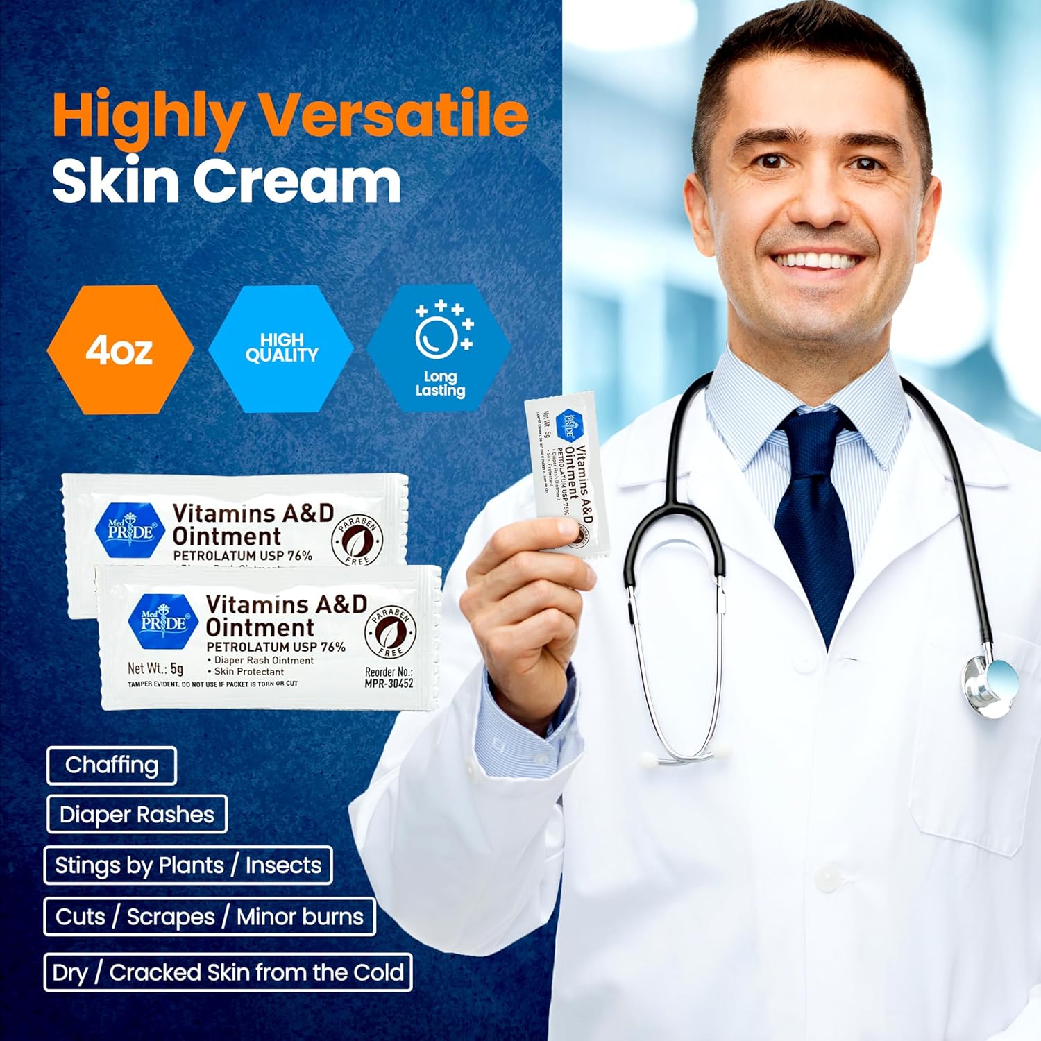 MED PRIDE Vitamins A&D Ointment Packets for Skin Relief -Vitamin A & D Skin Protectant Ointment, 5g Packets, 144-Count, for Body Chaffing, Diaper Rash, Cuts, Dry-Cracked Hands-Feet-Face - 5