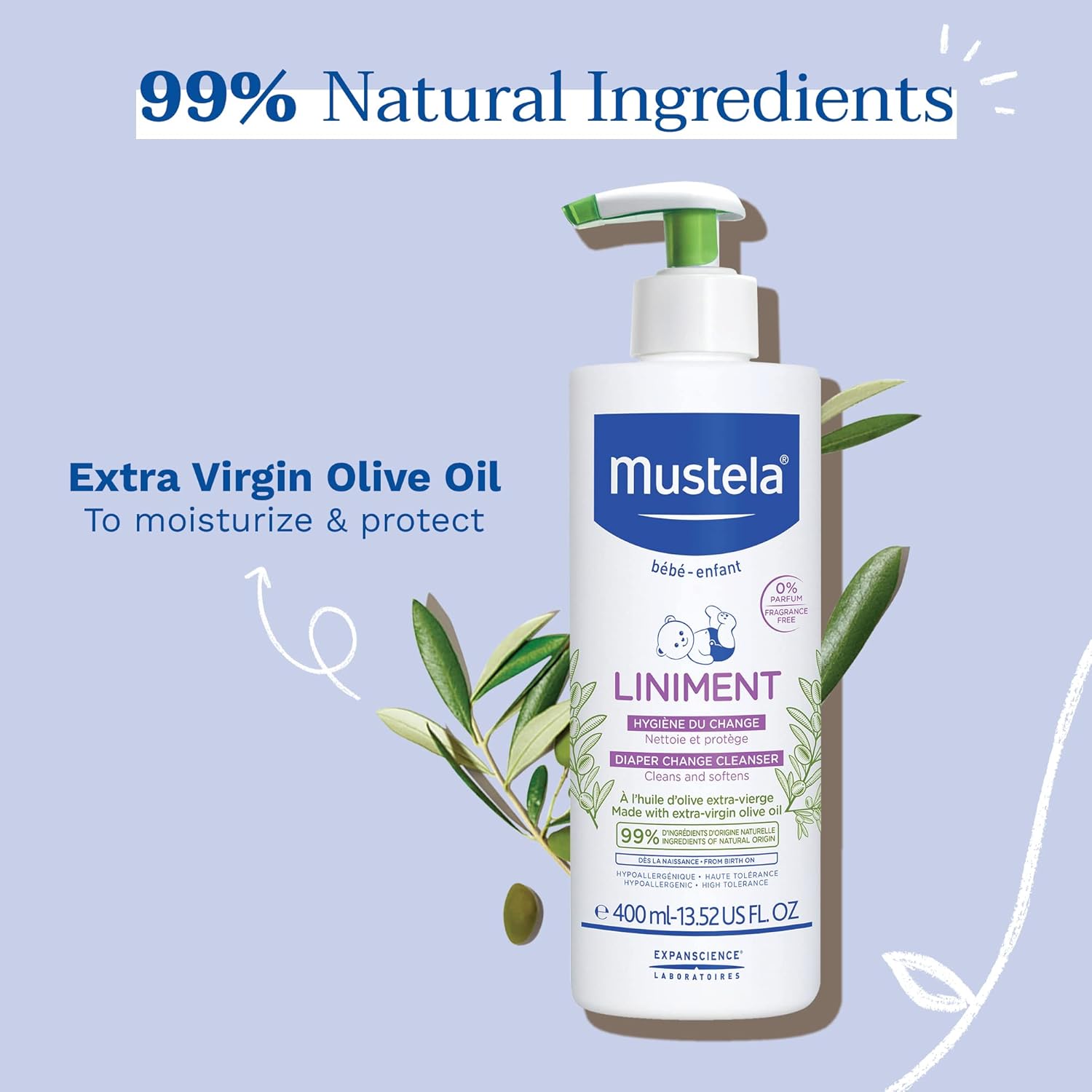 Mustela Liniment - No-Rinse Baby Cleanser for Diaper Change - with Extra Virgin Olive Oil - Fragrance-Free - 13.52 fl. Oz - 3