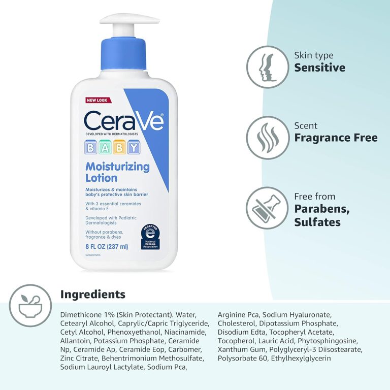 CeraVe Baby Lotion, Gentle Baby Skin Care with Ceramides, Niacinamide & Vitamin E, Fragrance, Paraben, Dye & Phthalates Free, Lightweight Moisturizer, 8 Ounce, Packaging May Vary
