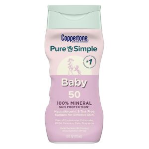 Coppertone Pure and Simple Baby Sunscreen Lotion SPF 50, Zinc Oxide Mineral Sunscreen for Babies, Hypoallergenic and Tear Free, 6 Fl Oz Bottle - 1