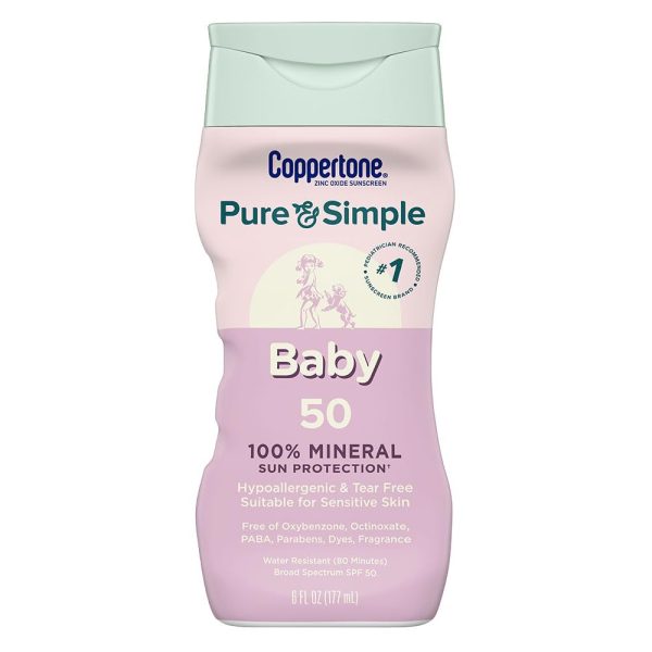 Coppertone Pure and Simple Baby Sunscreen Lotion SPF 50, Zinc Oxide Mineral Sunscreen for Babies, Hypoallergenic and Tear Free, 6 Fl Oz Bottle - 1