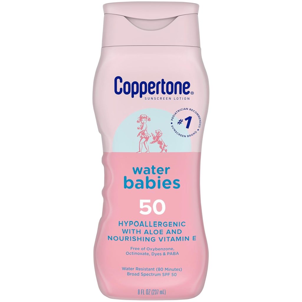 Coppertone WaterBabies Baby Sunscreen Lotion SPF 50, Hypoallergenic Sunscreen for Babies, Water Resistant, Pediatrician Recommended, 8 Fl Oz Bottle - 1