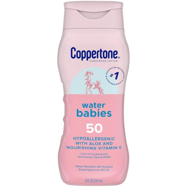 Coppertone WaterBabies Baby Sunscreen Lotion SPF 50, Hypoallergenic Sunscreen for Babies, Water Resistant, Pediatrician Recommended, 8 Fl Oz Bottle - 1