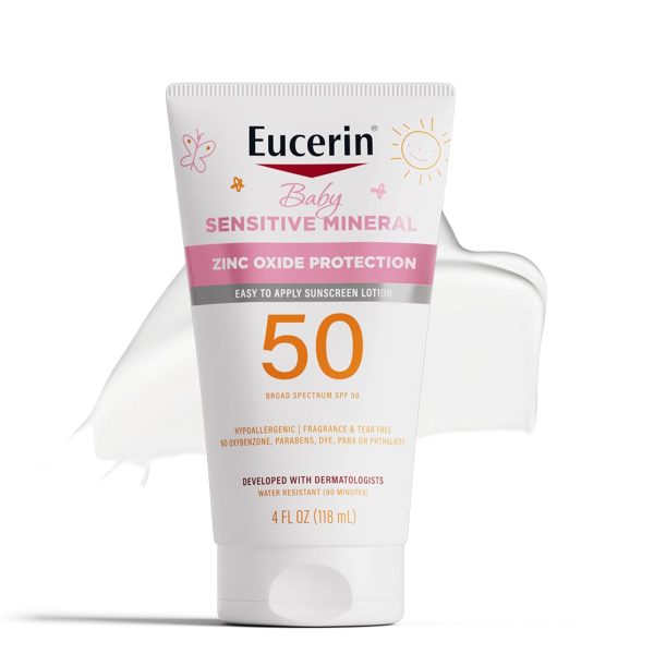 Eucerin Sun Sensitive Mineral Baby Sunscreen Lotion SPF 50 with Zinc Oxide Protection, Hypoallergenic Mineral Sunscreen for Babies, Tear Free and Fragrance Free, 4 Fl Oz Tube - 1