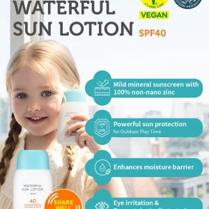 GOONGBE Waterful Sun Lotion Mild SPF 40 - Zinc Oxide Water Resistant Mineral Sunscreen for Babies, Kids & Adults - Hypoallergenic, Vegan, Reef-Safe - Korean Sun Care for Sensitive Skin, 2.82 fl.oz. - 2