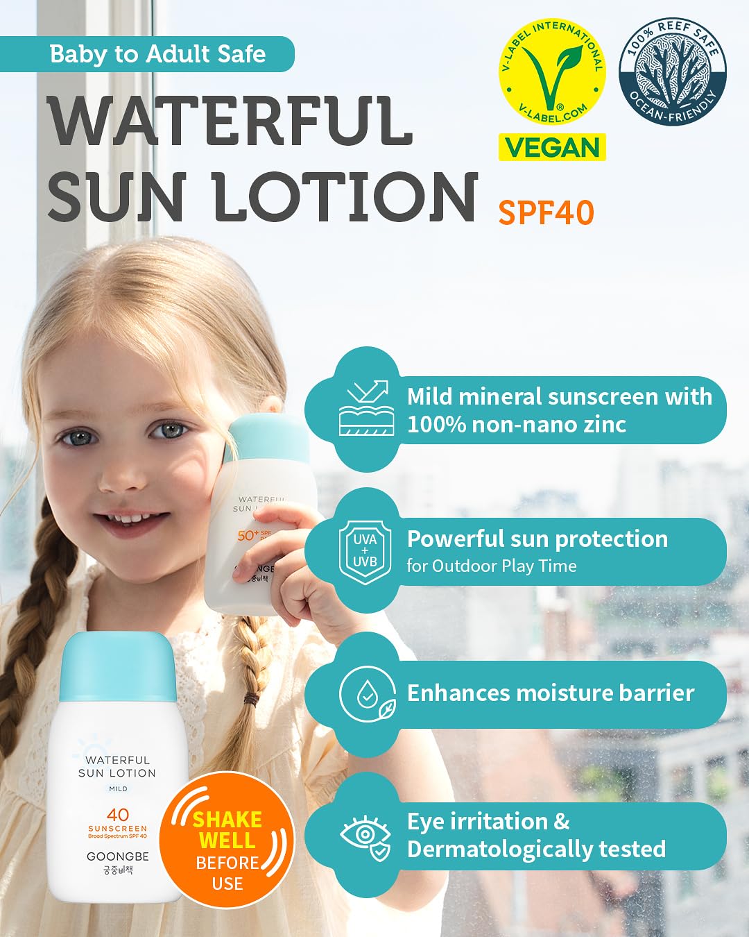 GOONGBE Waterful Sun Lotion Mild SPF 40 - Zinc Oxide Water Resistant Mineral Sunscreen for Babies, Kids & Adults - Hypoallergenic, Vegan, Reef-Safe - Korean Sun Care for Sensitive Skin, 2.82 fl.oz. - 2