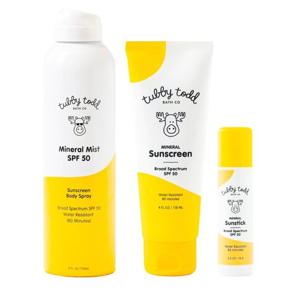 Tubby Todd Face and Body Mineral Protection Sunscreen Kit for Baby, Toddler and Kids - The Sun Bundle - Sunscreen Lotion 4 Fl Oz, Sunscreen Spray 6 Fl Oz and Sunstick 0.5 Oz - Fragrance-Free - 1