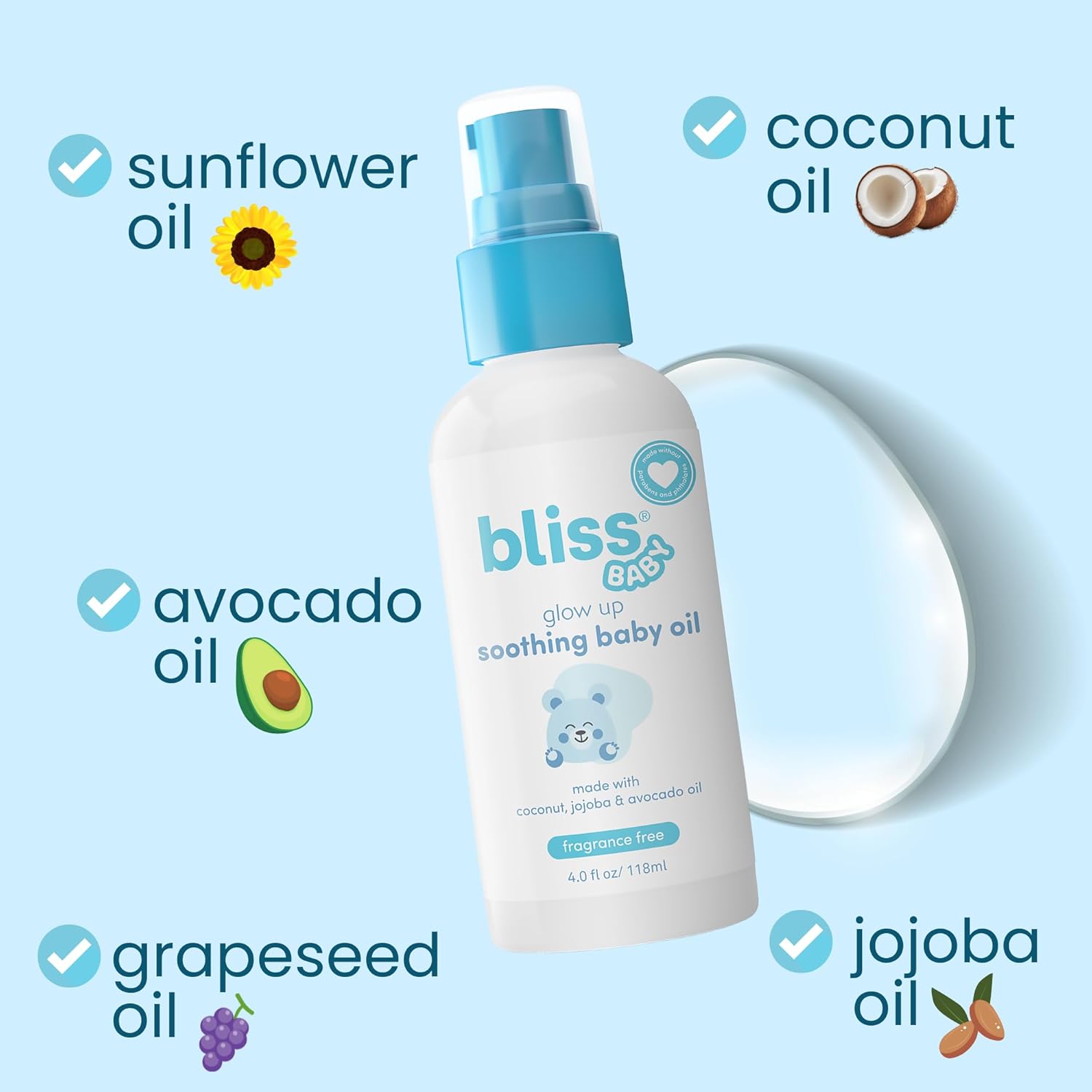 Bliss Baby Oil, All Natural, Premium & Unscented, Vegan - Made with Organic Avocado Oil, Coconut Oil, Dermatologist Tested, Soothing & Hydrating Baby Massage Oil, Travel Size 4 fl. Oz. - Image 4
