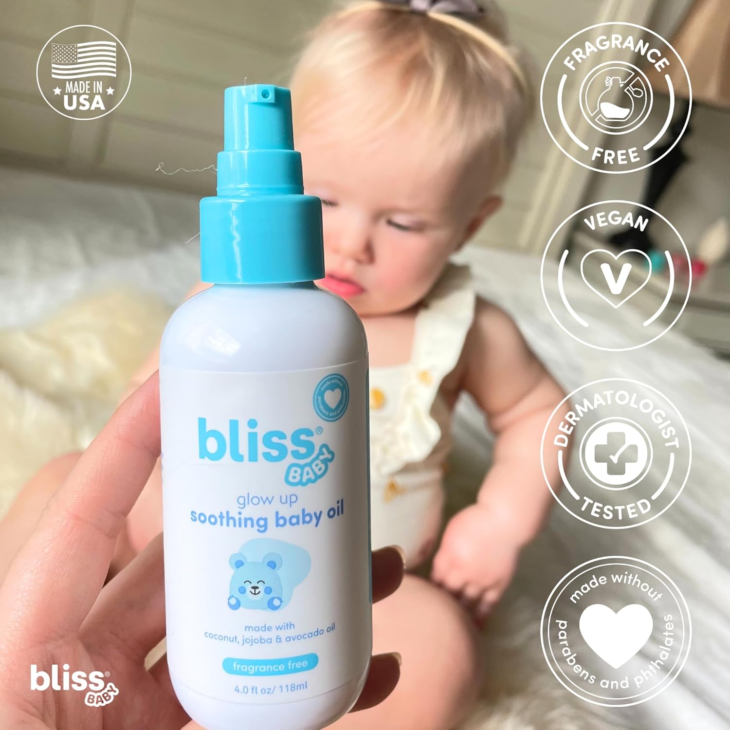 Bliss Baby Oil, All Natural, Premium & Unscented, Vegan - Made with Organic Avocado Oil, Coconut Oil, Dermatologist Tested, Soothing & Hydrating Baby Massage Oil, Travel Size 4 fl. Oz. - Image 5