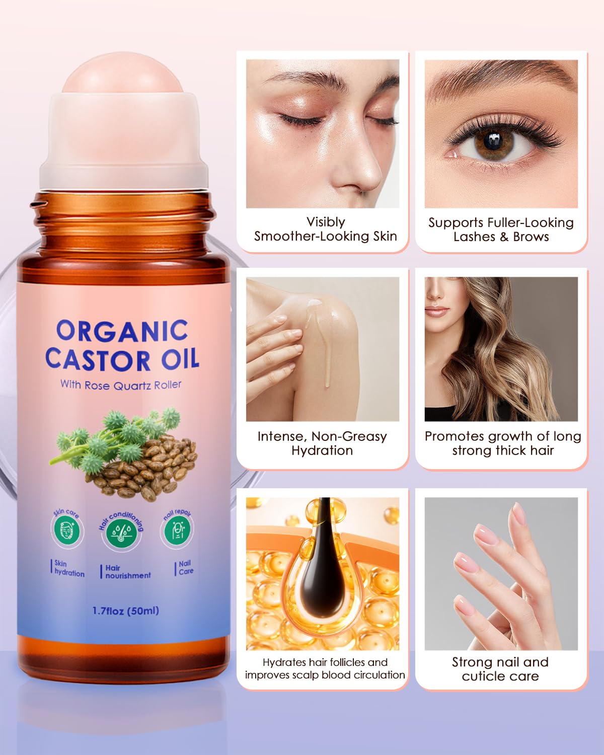 Castor Oil Roll On - Castor Oil Organic Cold Pressed, 2PCS 100% Pure Cold-Pressed, hair, Face & Skin Moisturizing, Reducing Dark Circles,Nail and Cuticle Care- Easy to Apply, 50ml*2 - Image 7