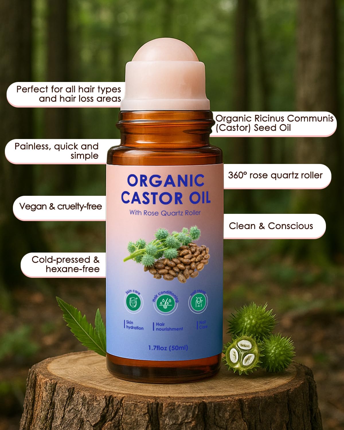 Castor Oil Roll On - Castor Oil Organic Cold Pressed, 2PCS 100% Pure Cold-Pressed, hair, Face & Skin Moisturizing, Reducing Dark Circles,Nail and Cuticle Care- Easy to Apply, 50ml*2 - Image 6