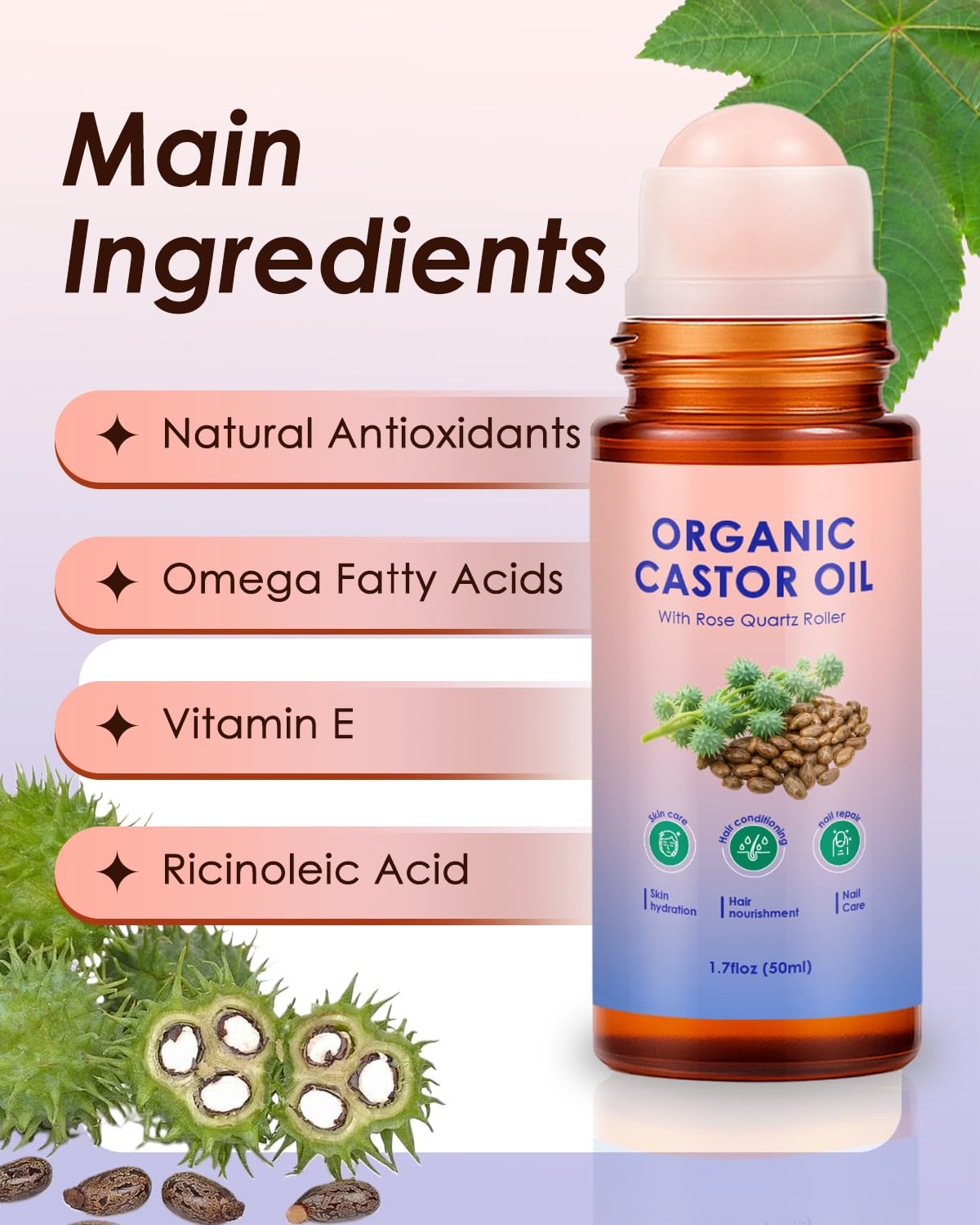 Castor Oil Roll On - Castor Oil Organic Cold Pressed, 2PCS 100% Pure Cold-Pressed, hair, Face & Skin Moisturizing, Reducing Dark Circles,Nail and Cuticle Care- Easy to Apply, 50ml*2 - Image 4