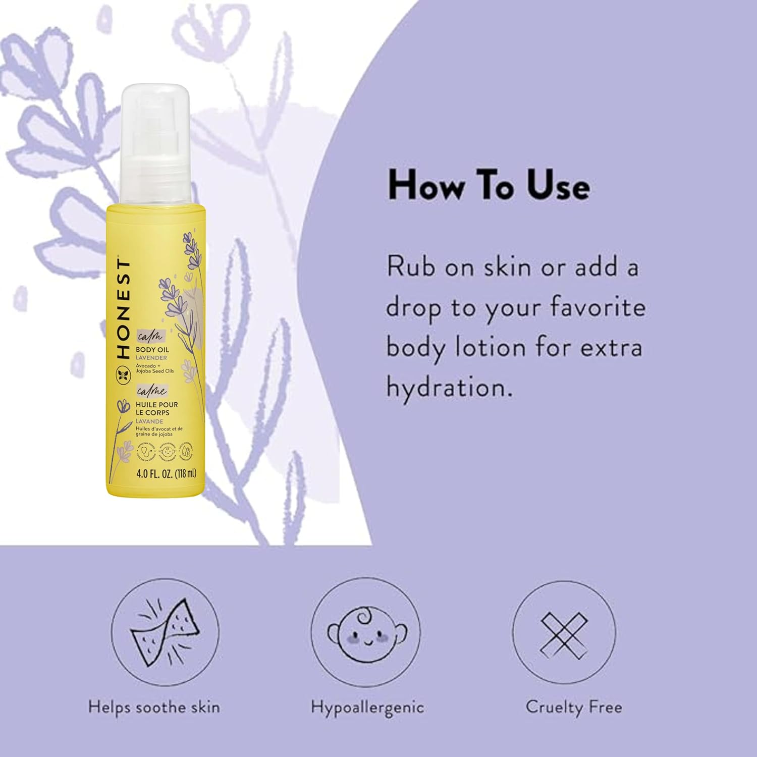 The Honest Company Lavender Infused Calming Body Oil Moisturize Nourish and Soothe Baby's Skin Plant-Based Hypoallergenic Vegan 4.0 fl oz - Image 7