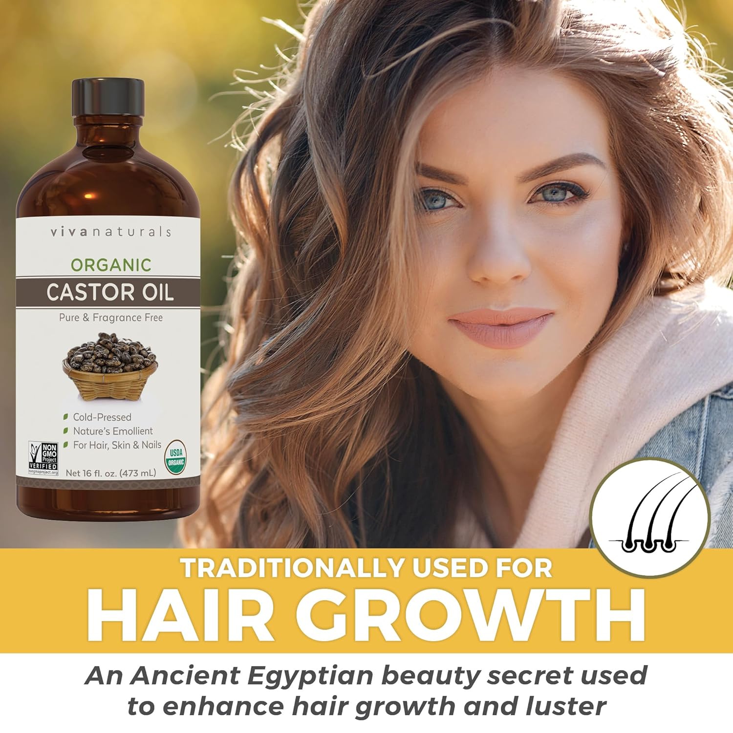 Viva Naturals Organic Castor Oil, Cold-Pressed, 16 fl oz – For Face, Hair, Eyelashes, USDA Organic, Non-GMO - Glass Bottle - Image 7