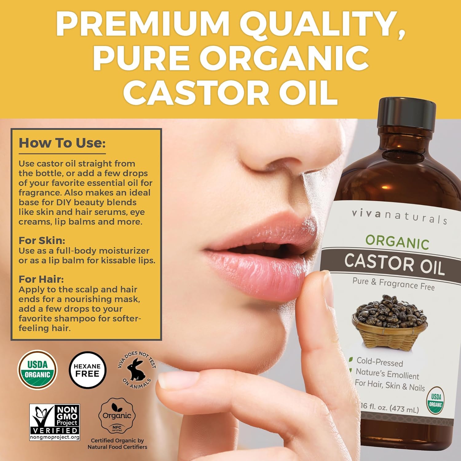 Viva Naturals Organic Castor Oil, Cold-Pressed, 16 fl oz – For Face, Hair, Eyelashes, USDA Organic, Non-GMO - Glass Bottle - Image 4