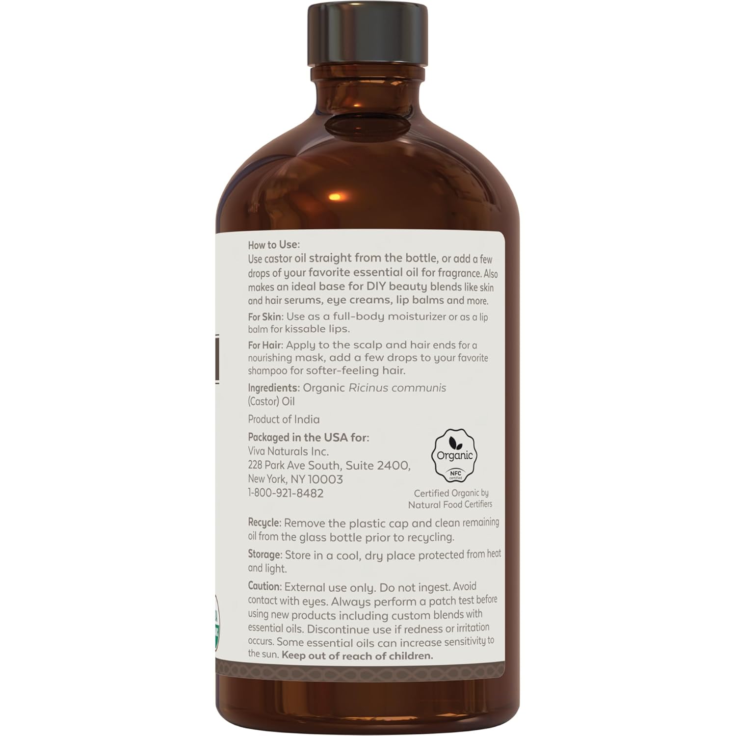 Viva Naturals Organic Castor Oil, Cold-Pressed, 16 fl oz – For Face, Hair, Eyelashes, USDA Organic, Non-GMO - Glass Bottle - Image 2