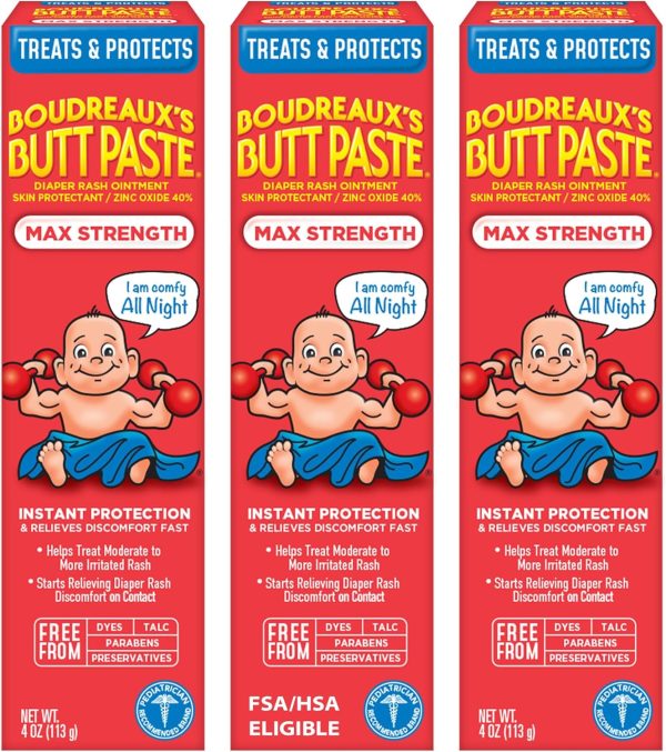 Boudreaux’s Butt Paste Max Strength Diaper Rash Cream for Baby, Ointment With Zinc Oxide, 4 oz Tubes, 3 Pack - 1