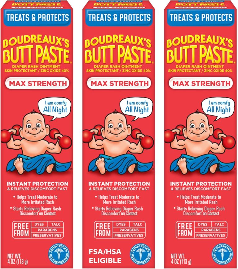 Boudreaux’s Butt Paste Max Strength Diaper Rash Cream for Baby, Ointment With Zinc Oxide, 4 oz Tubes, 3 Pack