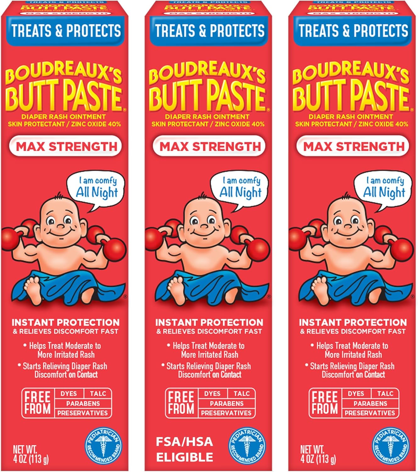 Boudreaux’s Butt Paste Max Strength Diaper Rash Cream for Baby, Ointment With Zinc Oxide, 4 oz Tubes, 3 Pack - 1