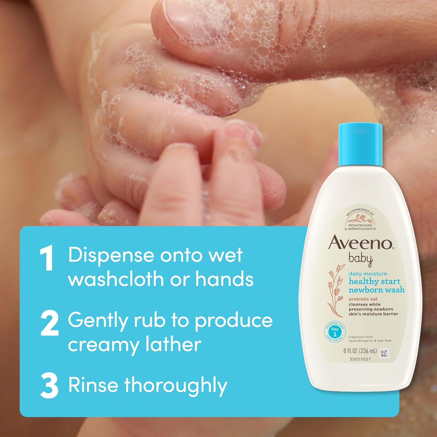 Aveeno Baby Healthy Start Nourishing Newborn Wash, Hypoallergenic Baby Body Wash, Prebiotic Oat, Gently Cleanses Sensitive Skin, No added Fragrances & Parabens, Tear-free, 8 fl. oz - Image 5