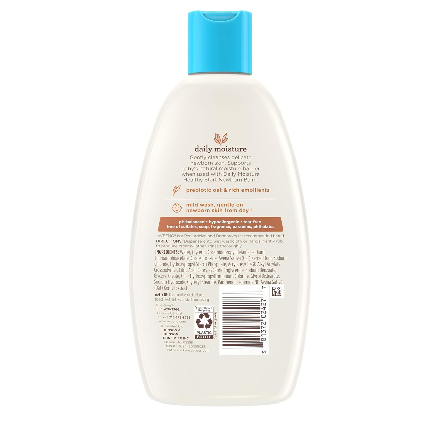 Aveeno Baby Healthy Start Nourishing Newborn Wash, Hypoallergenic Baby Body Wash, Prebiotic Oat, Gently Cleanses Sensitive Skin, No added Fragrances & Parabens, Tear-free, 8 fl. oz - Image 2