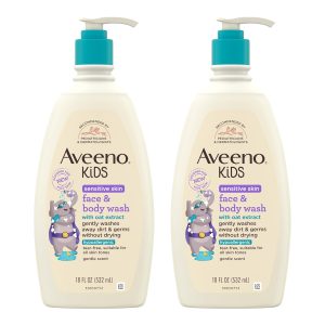 Aveeno Kids Sensitive Skin Face and Body Wash with Oat Extract, Gently Washes Away Dirt and Germs Without Drying, Tear-Free, Hypoallergenic Kids Body Wash, 18 fl. oz, 2 Pack - 1