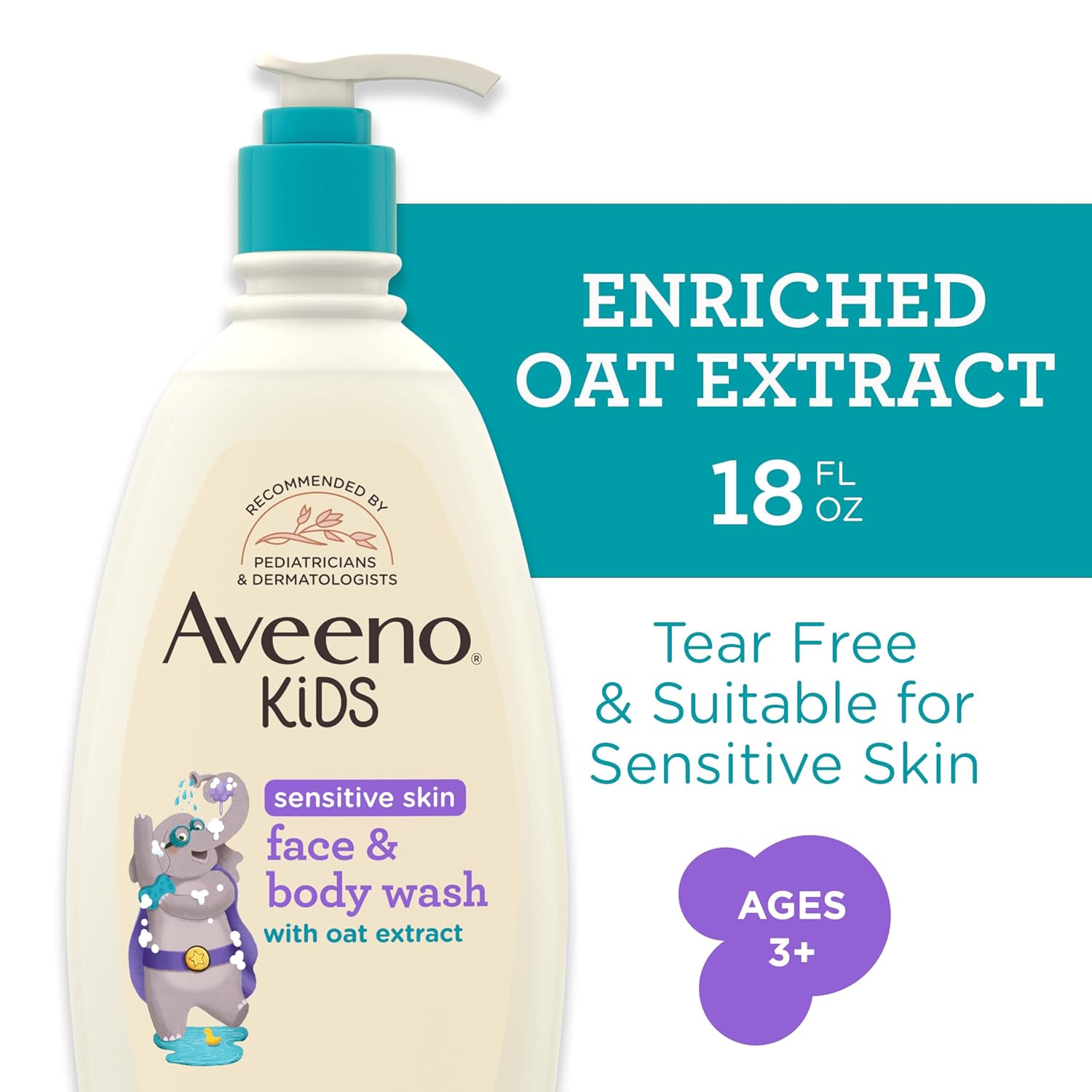 Aveeno Kids Sensitive Skin Face and Body Wash with Oat Extract, Gently Washes Away Dirt and Germs Without Drying, Tear-Free, Hypoallergenic Kids Body Wash, 18 fl. oz, 2 Pack - Image 7